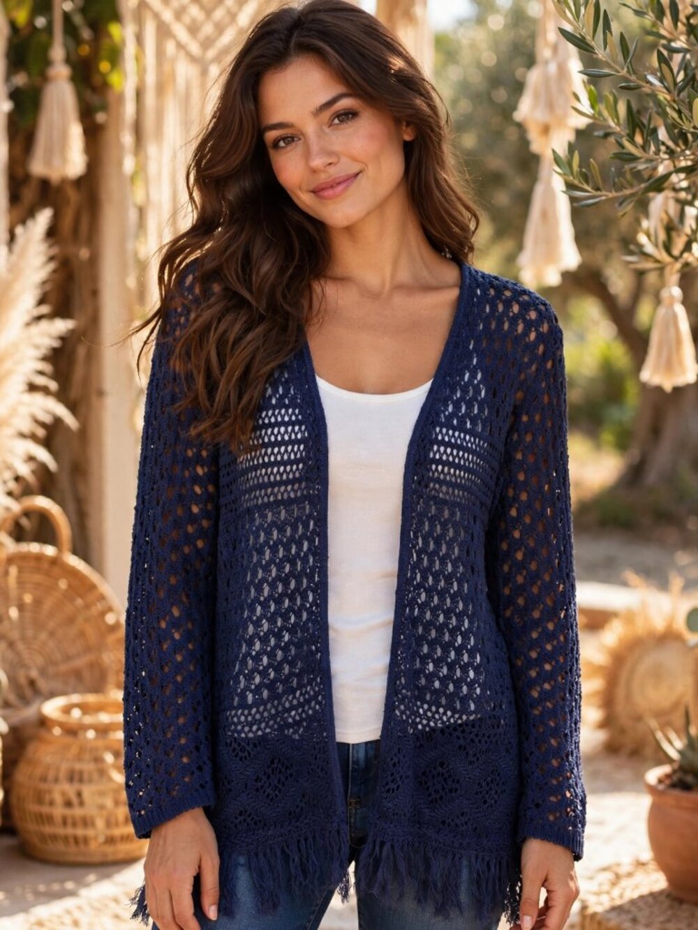 3X Indigo Blue Crochet Open Knit Fringe Cardigan Plus Size Boho Womens